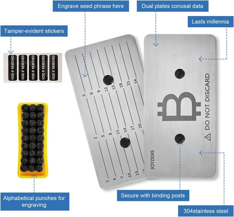 JOYZENS Seed Phrase Storage Kit - Metal Backup Plates + Stamping Tools, Bitcoin & Crypto Wallet Cold Storage, Tamper-Evident Design (2-Plates) (Alphabetic Punch Set) - Image 3
